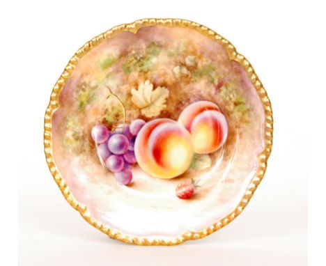 A Royal Worcester Fallen Fruits side plate decorated by J. Reed with hand painted peaches and black grapes, signed, black pri