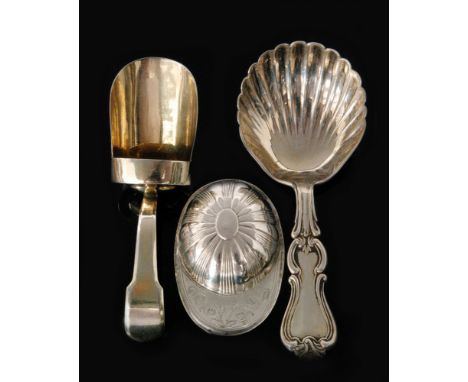 A Dutch silver caddy spoon designed as jockey cap with bright cut foliate decoration, Dutch mark for 1830, an Albert pattern 