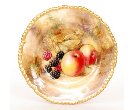 A Royal Worcester Fallen Fruits side plate decorated by Smith with hand painted apples and black grapes, signed, black printe