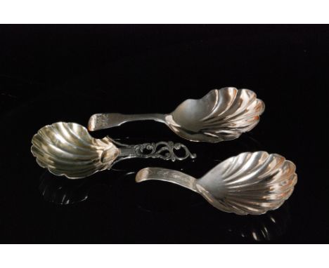 A George IV hallmarked silver caddy spoon with shell bowl and bright cut handle, Exeter 1836 John Stone, another fiddle patte