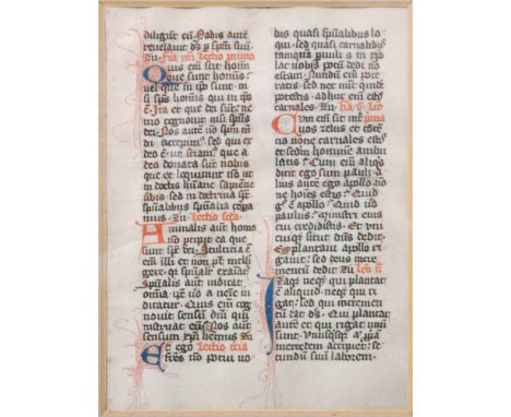 A 14th Century page from a manuscript titled on reverse 'Leaf from a Breviary', use of Cologne, 15cm x 11cm