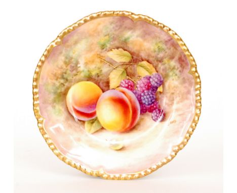 A Royal Worcester Fallen Fruits side plate decorated by J. Reed with hand painted peaches and blackberries, signed, black pri