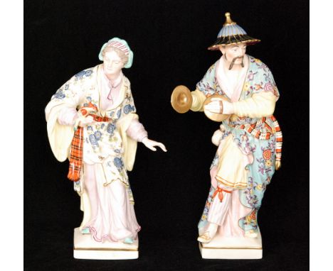 Two later 20th Century continental figures in the style of Meissen, the first modelled as a Chinese man dressed in robes and 