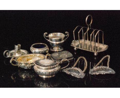 A small parcel lot of assorted silver and other items to include two 19th Century decanter labels Sherry & Madeira, with thre