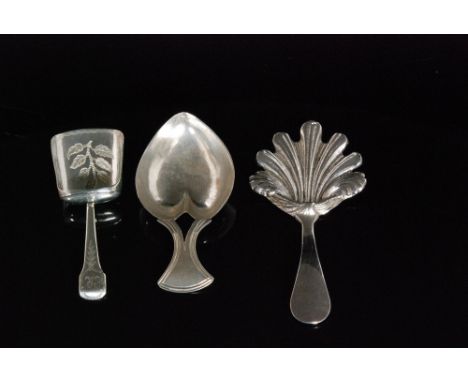 A George III hallmarked silver caddy spoon with heart shaped plain bowl, Birmingham 1806, Joseph Wilmore, another with textur