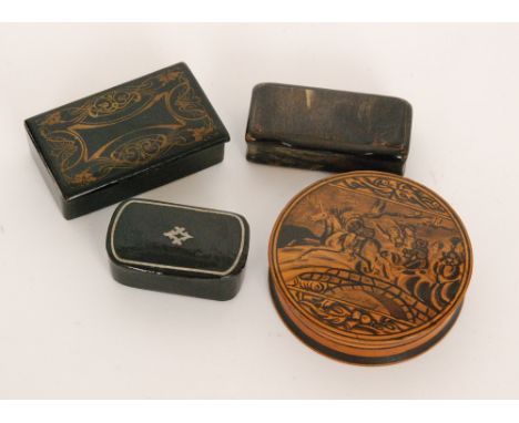 A 19th Century painted sycamore circular snuff box depicting the flight of Tam O Shanter together with three other snuff boxe