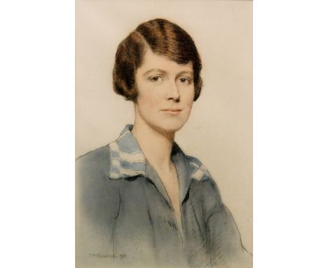 THOMAS MARTINE RONALDSON (1881-1942) - Portrait of a young lady wearing a blue blouse, bust length, pencil and wash drawing, 