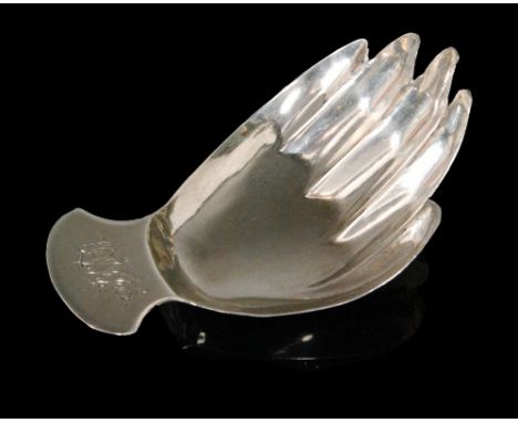 A George III hallmarked silver 'hand' caddy spoon, bright cut nail detail with shaped and monogrammed handle,  London 1806 Jo