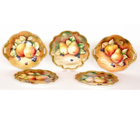 A pair of Coalport twin handled shallow dishes each decorated in the Royal Worcester Fallen Fruits style with hand painted pe
