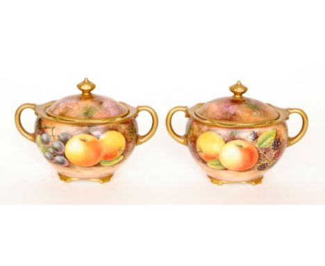 A pair of later 20th Century twin handled sugar basins each decorated in the round, in the style of Royal Worcester Fallen Fr