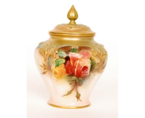 A Royal Worcester Hadley Ware vase and spire cover decorated with hand painted roses within moulded borders, green printed ma