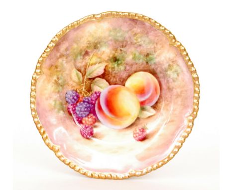 A Royal Worcester Fallen Fruits side plate decorated by J. Reed with hand painted peaches and blackberries, signed, black pri