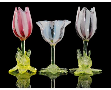 A late 19th Century composed Stourbridge glass posy vase garniture in the form of a stylised tulips in bud, with citron petal