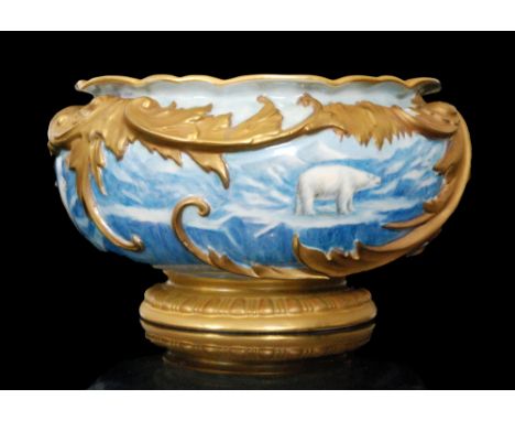 A Royal Worcester shape 1486 bowl later decorated in the round with hand painted polar bears on glaciers in the style of Harr