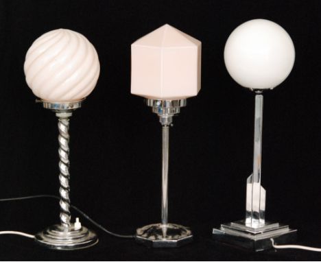 A chrome Art Deco table lamp with spiral pink shade, another similar and another with a white sphere (3)