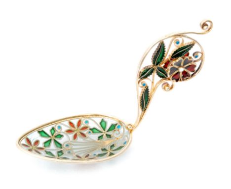 A Swedish silver gilt and plique a jour enamel caddy spoon, the oval bowl with green and red enamelled flowers to a clear opa