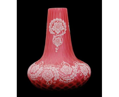 A late 19th Century Stourbridge satin air trap cameo glass vase of compressed ovoid form with a tapered collar neck, cased in