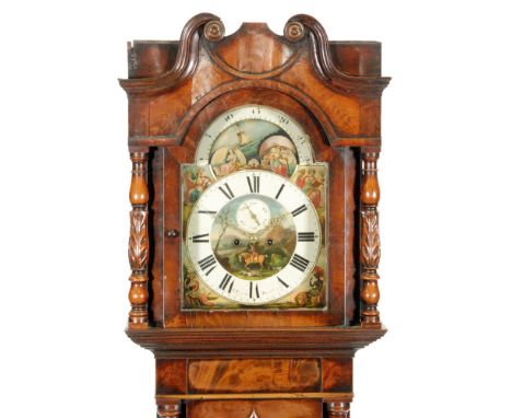 A 19th Century mahogany longcase clock with eight day movement, the 14 inch painted broken arch dial with moon phase, subsidi