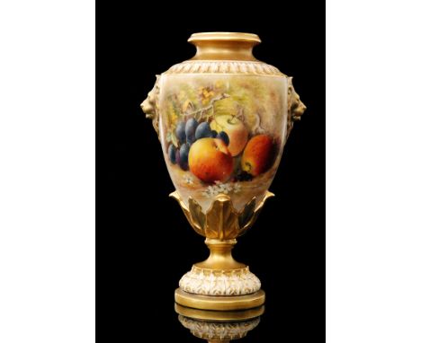 A Royal Worcester shape 2305 Fallen Fruits pedestal vase panel decorated by Ricketts with apples and grapes to the front and 