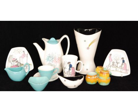 A Midwinter 'Modern Fashion Shape' coffee set decorated in the Quite Contrary pattern designed by Jessie Tait comprising coff