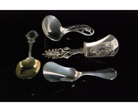Four hallmarked silver caddy spoons to include a Berthold Muller example with embossed figural bowl, import marks for Chester
