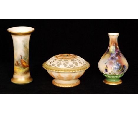 Three pieces of Royal Worcester comprising a small trumpet vase panel decorated by James Stinton with pheasants, a small vase