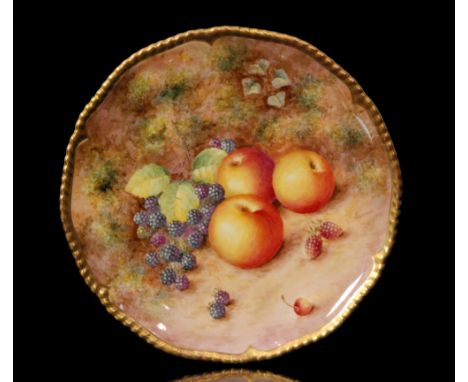 A Royal Worcester Fallen Fruits cabinet plate decorated by Freeman with hand painted apples and blackberries, signed, black p