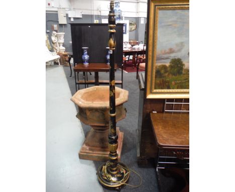 A 1920s Japanned black Chinoiserie lacquered standard lamp painted with flowers and figures, no shade, height 154cm