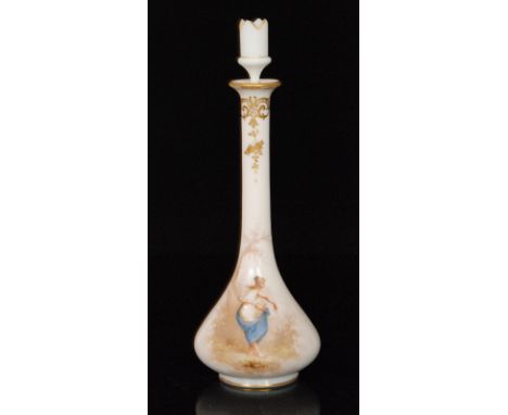 A late 19th Century Mount Washington decanter of footed conical form with a tall slender neck and tulip bowl stopper, enamel 