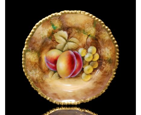 A Royal Worcester Fallen Fruits side plate decorated with hand painted peaches and white grapes by J.S Smith, black printed m