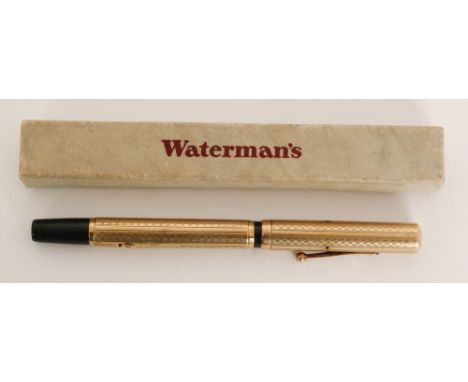 Amended description - A 9ct Waterman Ideal lever fill fountain pen with engine turned gold overlay case, Waterman Ideal regus