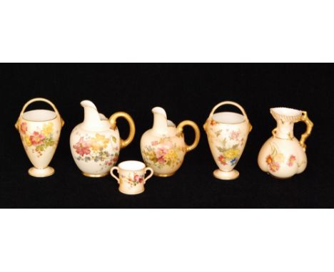 Six pieces of assorted Royal Worcester comprising two shape 1094 flatback jugs, two posy baskets, a miniature twin handled mu