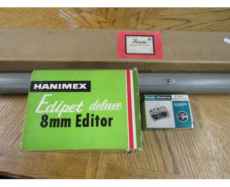 Rank film splicer, Hanimex editor and projector screens