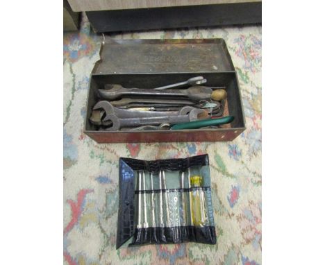 Tin of tools including spanners etc