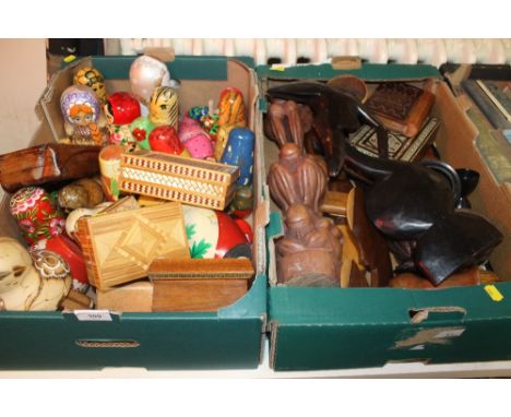 TWO TRAYS OF CARVED ITEM ETC TO INCLUDE A QUANTITY OF RUSSIAN DOLLS
