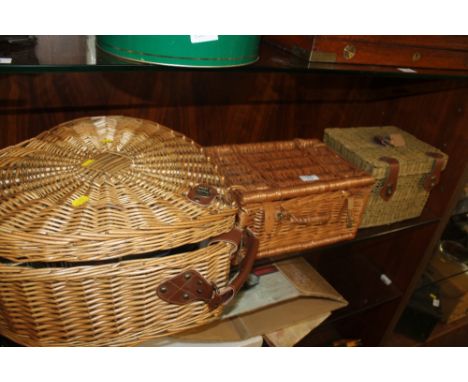 A PICNIC HAMPER TOGETHER WITH TWO WICKER BASKETS
