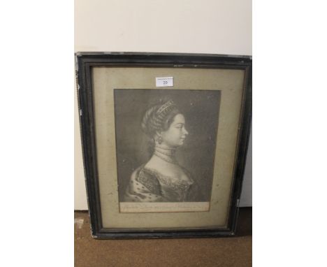 A FRAMED AND GLAZED MEZZOTINT PORTRAIT OF QUEEN CHARLOTTE