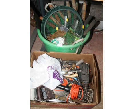 A BOX AND A BUCKET OF HAND TOOLS ETC