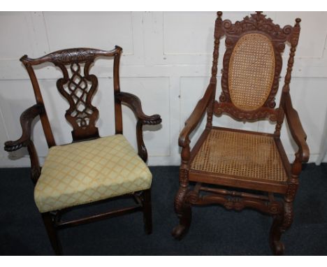 A Chippendale style carver dining chair with pierced vase splat together with a baronial style carved oak open armchair with 