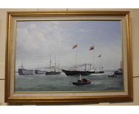 R Ashworth (Contemporary) British Naval vessels in harbour, oil on canvas, signed and dated '08, 50cm by 75cm