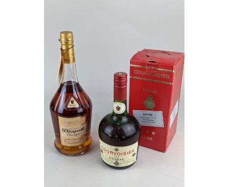 A bottle of Courvoisier cognac, boxed, together with a bottle of Bisquit Classique cognac