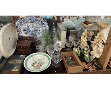 Blue and white colandine pattern meat plates together with drinking glasses, jewellery boxes, table lamp, book ends, floral c