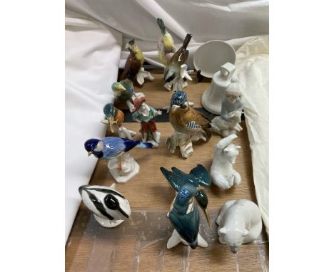 Assorted continental porcelain bird figures together with Lladro polar bear, etc