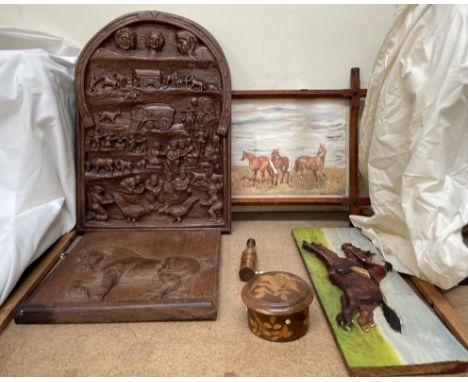 A carved panel of a shire horse together with a carved panel of Romany travellers, fern box, pipe and watercolour of a horse 