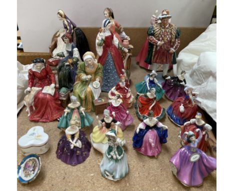 A collection of Royal Doulton figures including Henry VIII HN3458, No.1381/9500, Jane Seymour HN3349 No.4119/9500, Anne Boley