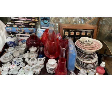 Assorted miniature tea sets together with ruby glass vases, various plates, Butler and Servants bell indicator box, loom band