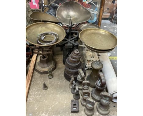 Three scales with brass and electroplated pans, together with weights and prints