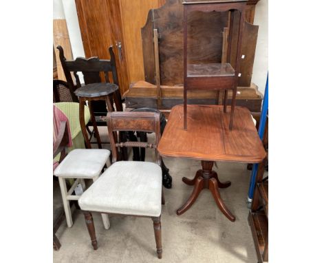 A Regency mahogany dining chair together with a 19th century mahogany tripod table, wash stand, two jardiniere stands and a s