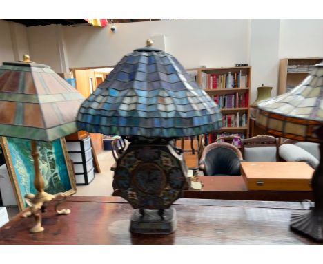 A Japanese bronze champleve enamel twin handle vase converted to a table lamp with a Tiffany style lamp shade together with a