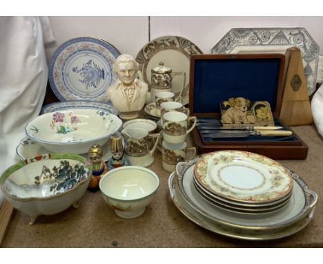 A Noritake coffee set together with a metronome, assorted plates, portrait bust etc